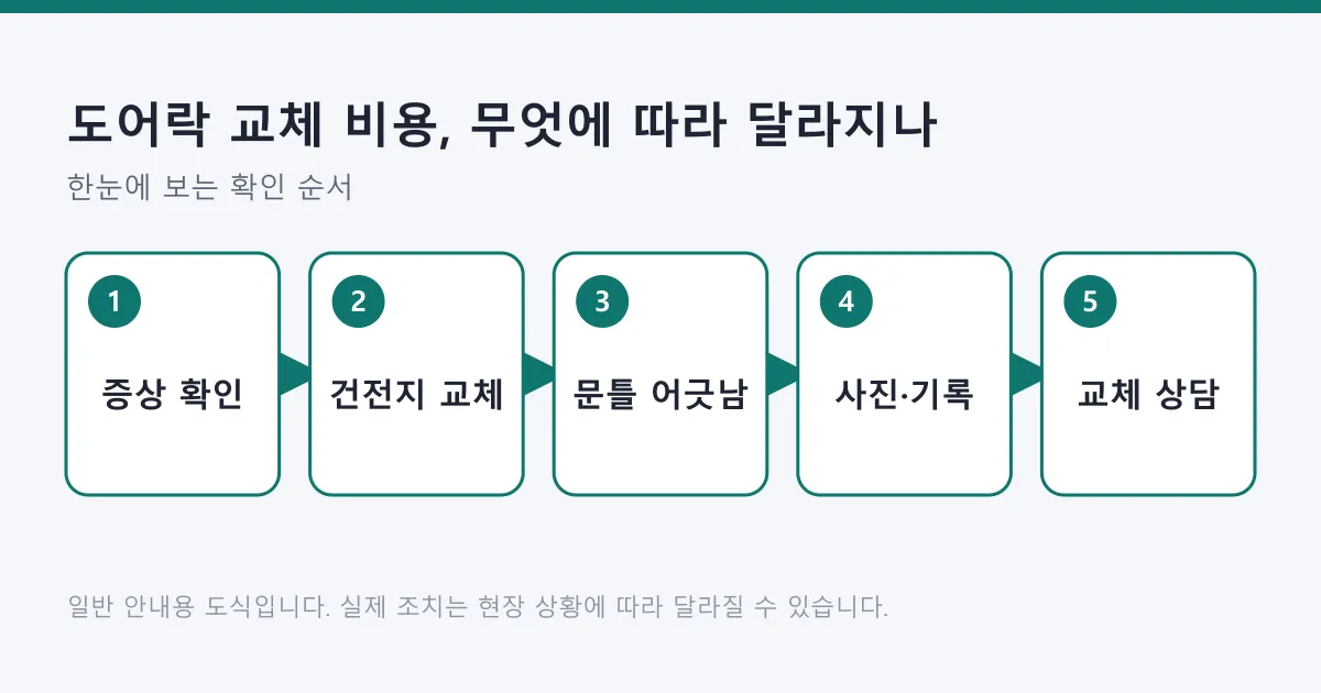 도어락 증상 확인에서 건전지 교체, 문틀 상태 점검, 기록, 교체 상담으로 이어지는 순서 도식