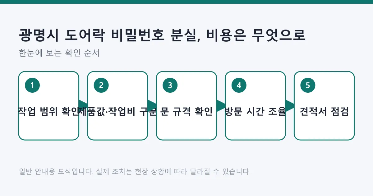 도어락 비밀번호 분실 상황에서 작업 범위 확인부터 견적서 점검까지의 판단 순서를 나타낸 도식