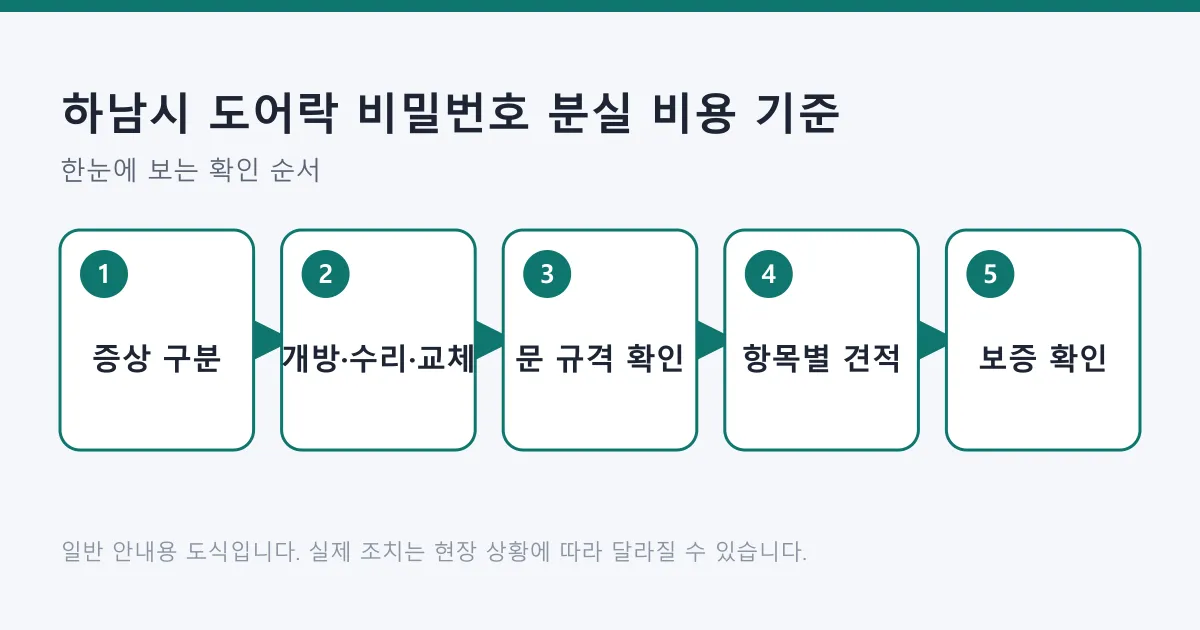 도어락 비밀번호 분실 시 증상 구분에서 견적 항목 확인까지의 판단 순서를 나타낸 도식