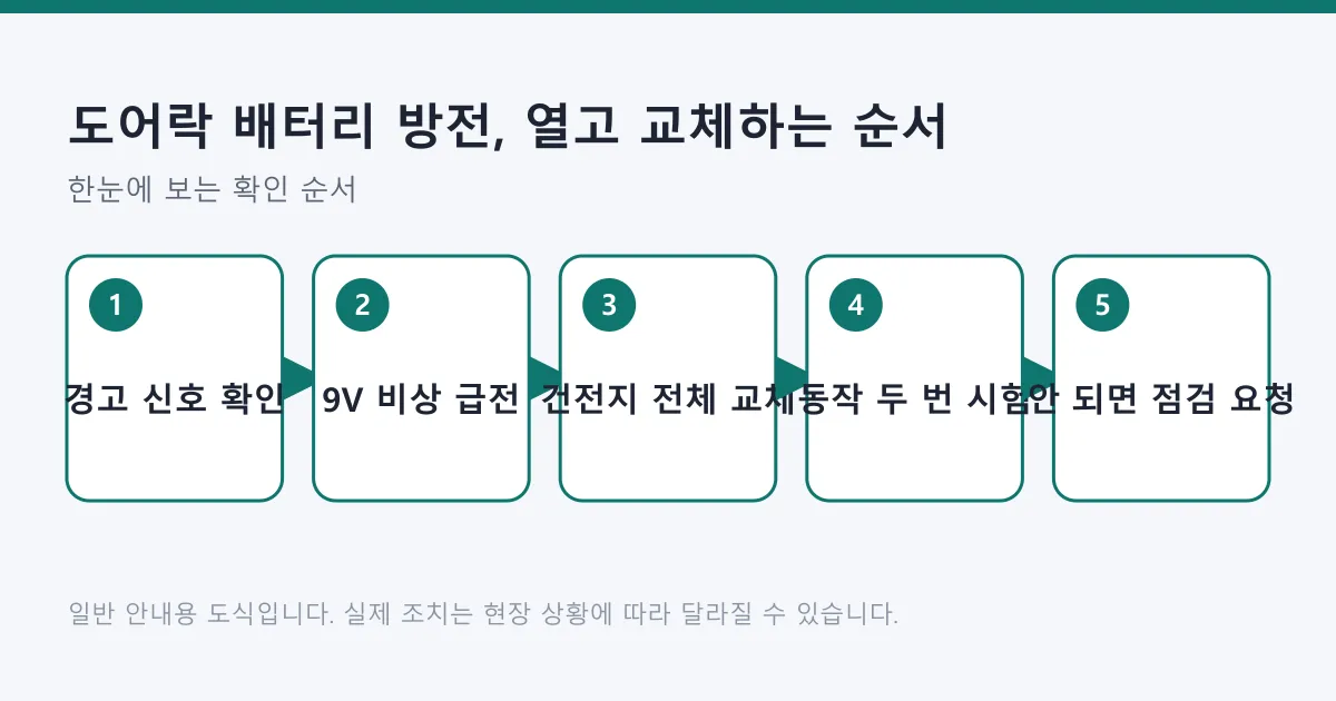 도어락 배터리 방전 대처를 경고 신호 확인부터 비상 급전과 건전지 교체, 점검 요청까지 다섯 단계로 보여 주는 도식입니다.
