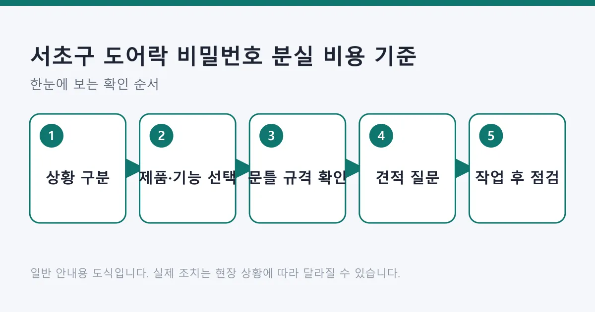 도어락 비밀번호 분실 시 상황 구분부터 작업 후 점검까지 비용 판단 순서를 보여 주는 도식