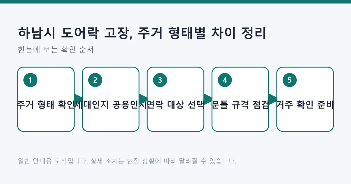 도어락 문제를 주거 형태 확인과 세대 또는 공용 구분, 연락 대상 선택, 문틀 규격 점검, 거주 확인 준비 순서로 정리한 도식