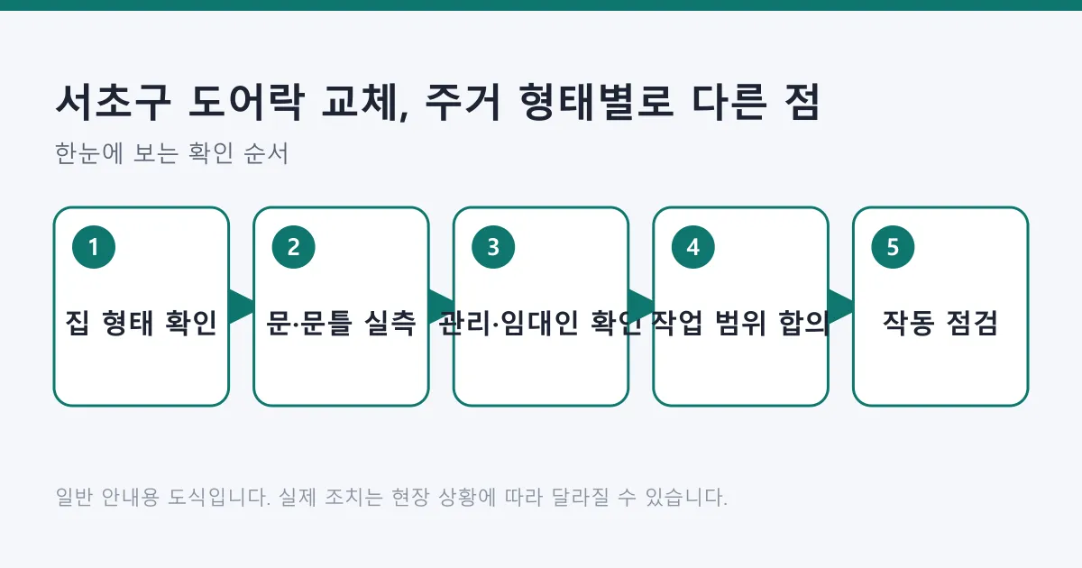 주거 형태 확인부터 실측, 관리사무소와 임대인 확인, 작업 범위 합의, 작동 점검까지 도어락 교체 순서를 보여 주는 도식