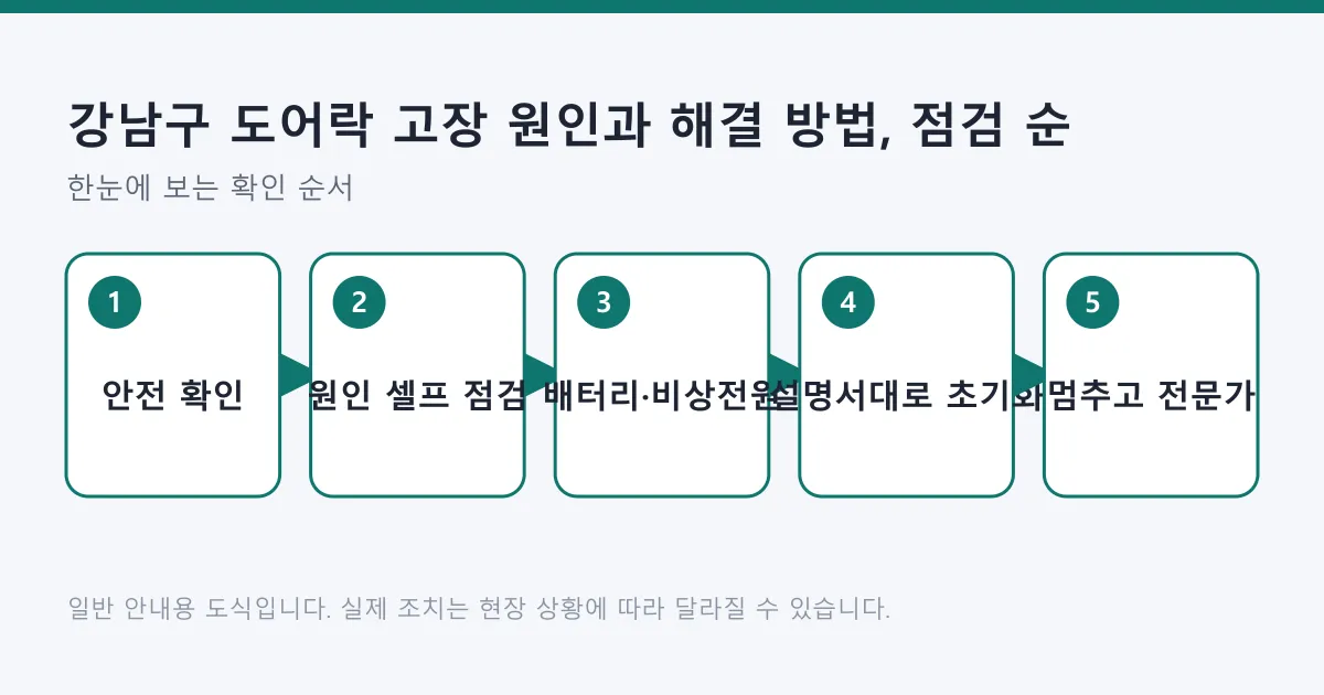 도어락 고장 시 안전 확인, 원인 점검, 배터리와 비상 전원 조치, 설명서 기준 초기화, 전문가 호출 순서로 진행하는 흐름도