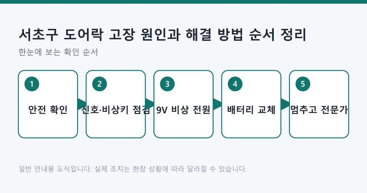 도어락 고장 시 안전 확인, 경고음과 비상키 점검, 9V 비상 전원, 배터리 교체를 거쳐 해결되지 않으면 전문가를 부르는 순서를 보여 주는 도식입니다.