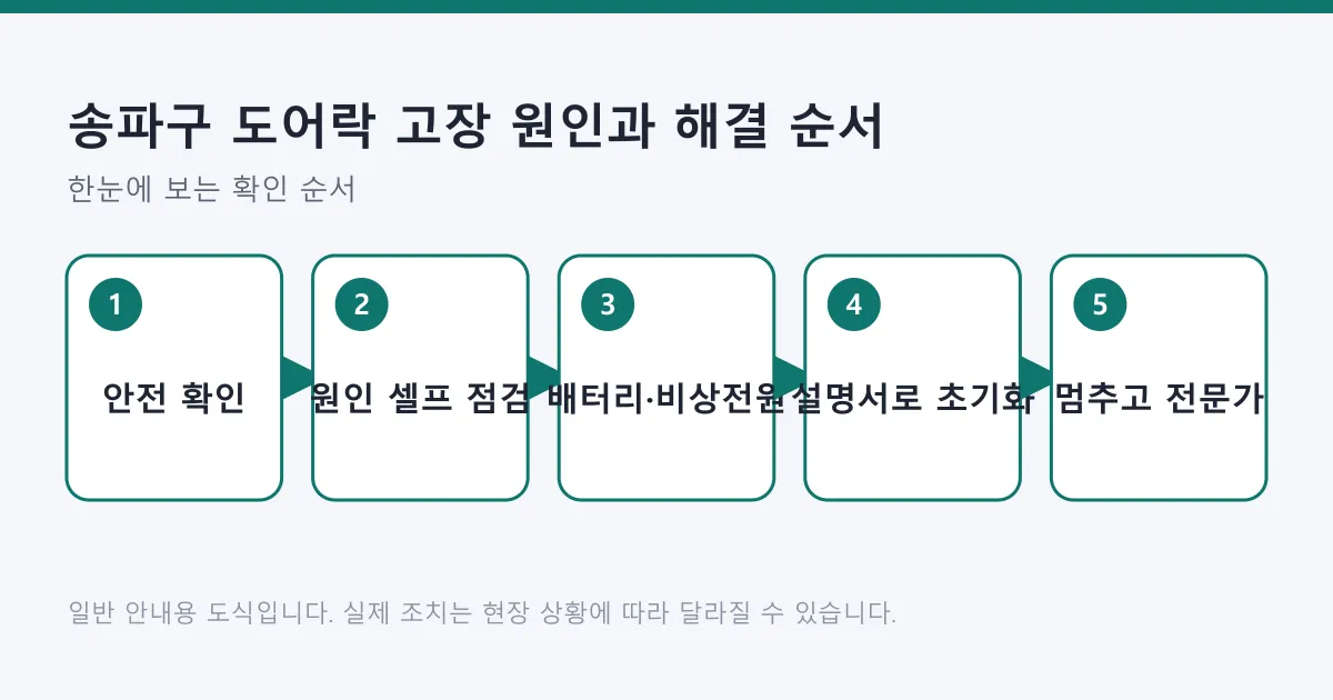도어락 고장 시 안전 확인, 원인 점검, 배터리 교체와 비상 전원 사용, 설명서 기준 초기화, 전문가 호출 순서로 진행하는 흐름도