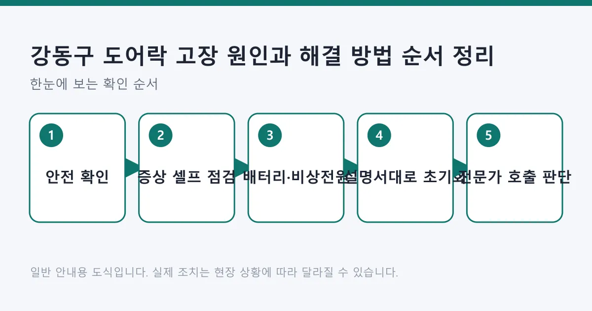 도어락 고장 시 안전 확인, 증상 점검, 배터리와 비상 전원 조치, 설명서 기준 초기화, 전문가 호출 판단 순서로 진행하는 다섯 단계 도식