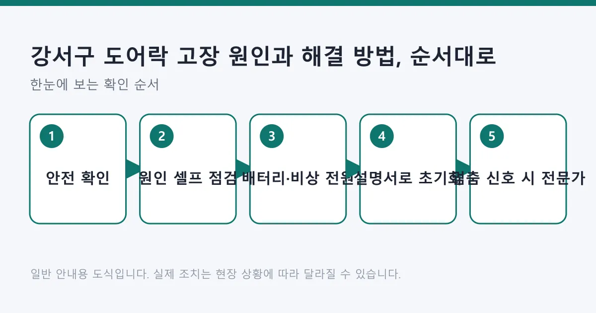 도어락 고장 시 안전 확인, 셀프 점검, 배터리와 비상 전원 조치, 설명서 기준 초기화, 멈춤 신호 시 전문가 호출 순서를 보여 주는 도식