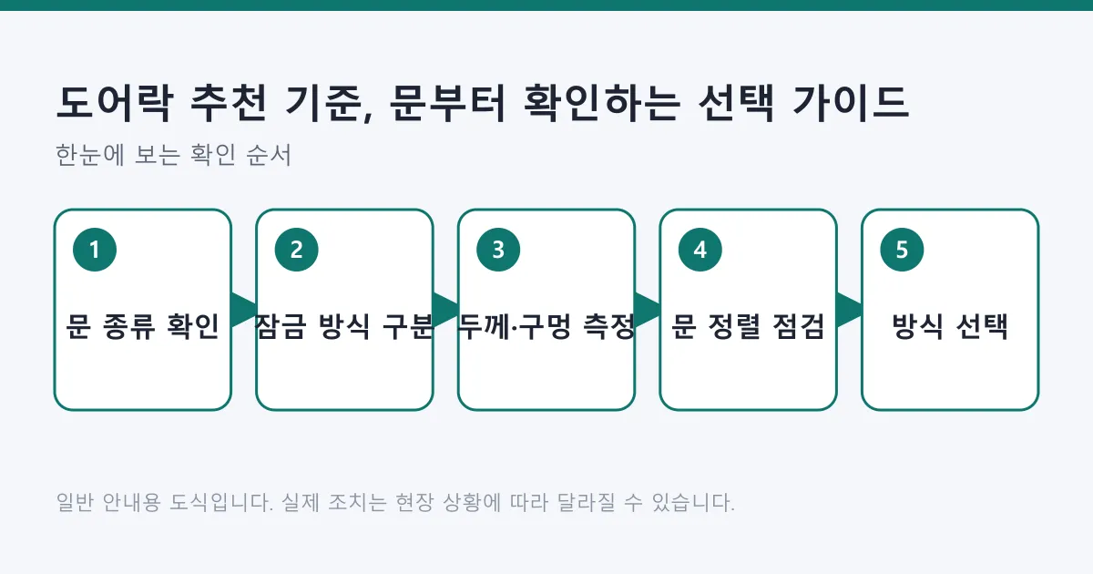 현관문 종류 확인에서 잠금 방식 구분, 두께와 구멍 측정, 문 정렬 점검, 제품 방식 선택으로 이어지는 도어락 선택 순서 도식.