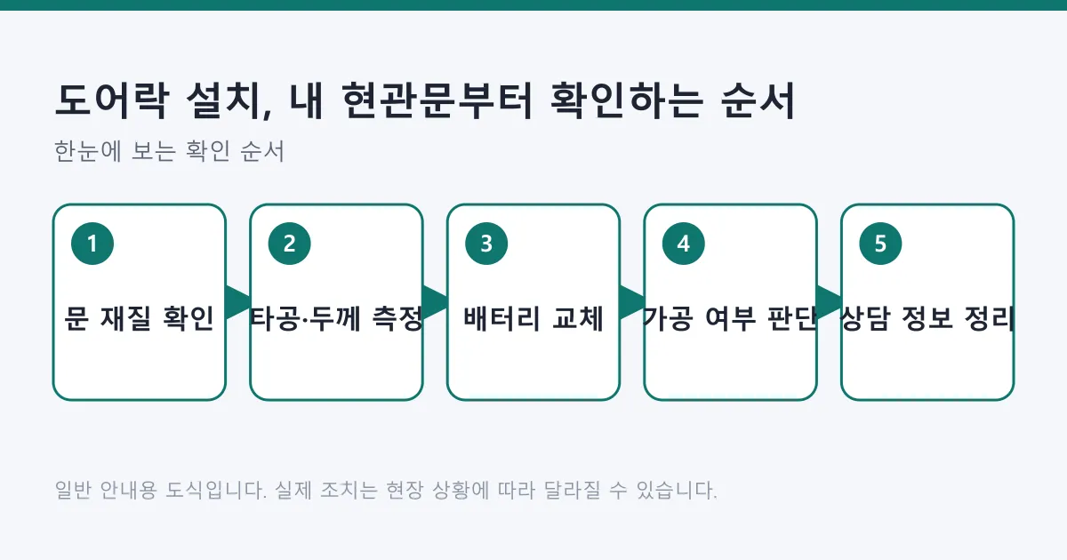 도어락 설치 전 문 확인부터 상담 정보 정리까지 다섯 단계를 보여 주는 도식