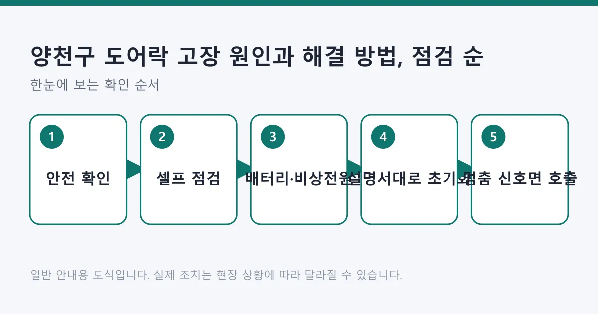 도어락 고장 시 안전 확인, 셀프 점검, 배터리와 비상 전원 조치, 설명서 기준 초기화, 전문가 호출 신호 확인 순서를 나타낸 도식