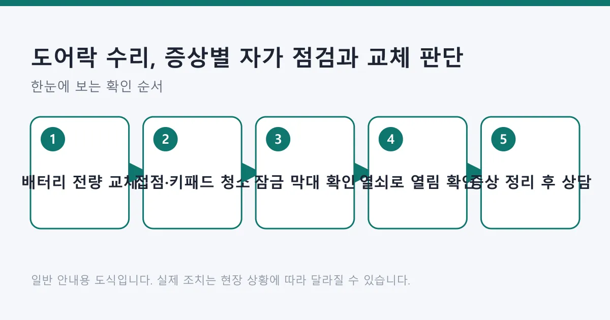 도어락 증상을 배터리와 접점, 잠금 막대 순으로 점검한 뒤 상담으로 넘어가는 다섯 단계 흐름도