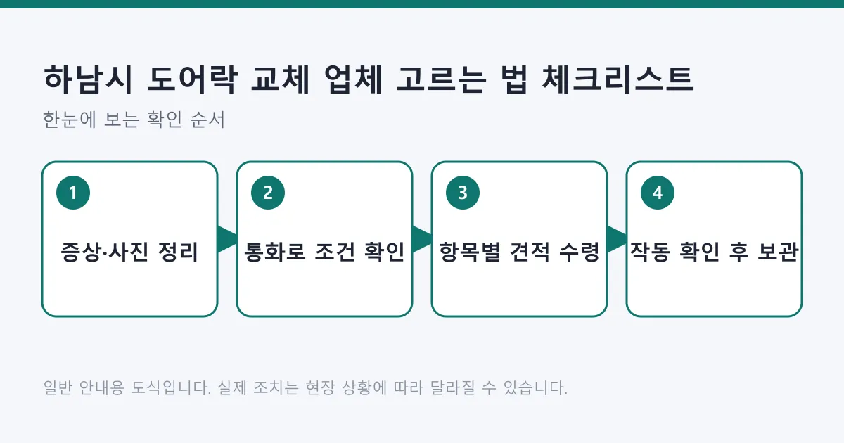 도어락 교체 전 증상과 사진 정리, 통화 조건 확인, 항목별 견적 수령, 작업 후 작동 확인까지의 흐름을 보여 주는 도식.