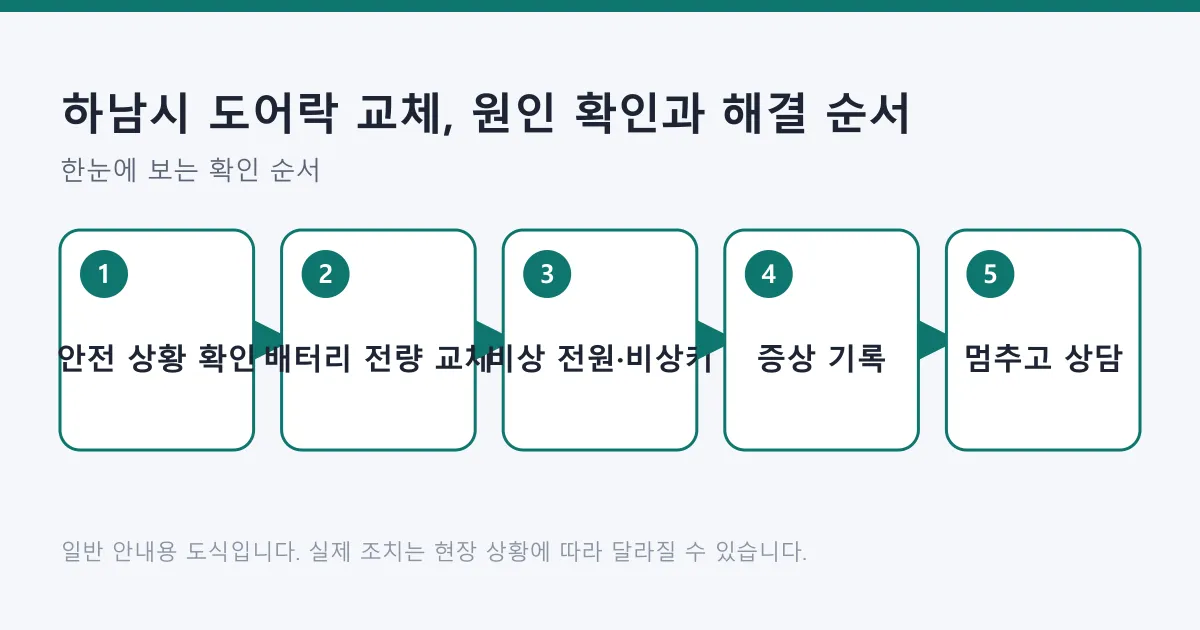 도어락이 열리지 않을 때 안전 확인과 배터리 교체부터 비상 전원 시도, 증상 기록, 상담까지 이어지는 다섯 단계 도식