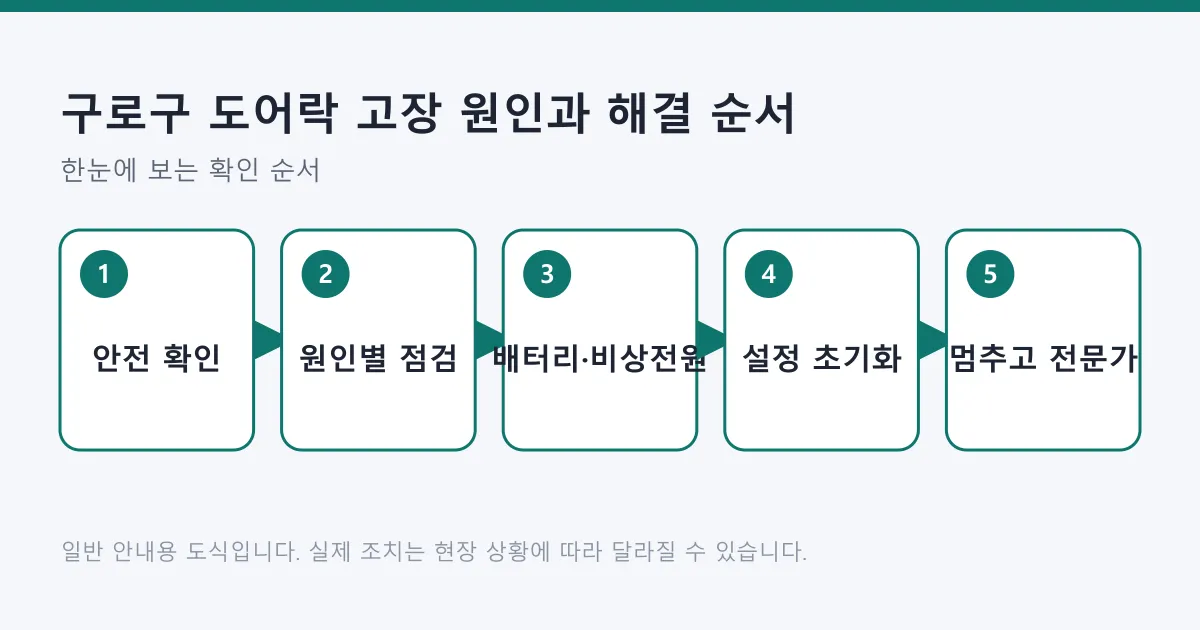 도어락 고장 시 안전 확인, 원인 점검, 배터리와 비상 전원 조치, 설명서 기준 초기화, 전문가 호출 신호 확인 순서를 나타낸 도식