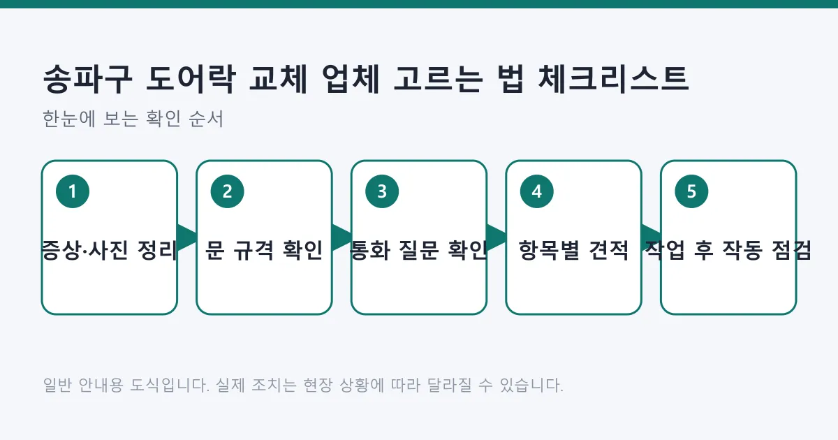 도어락 교체 업체를 고를 때 증상 정리부터 작업 후 작동 점검까지 거치는 다섯 단계를 정리한 도식