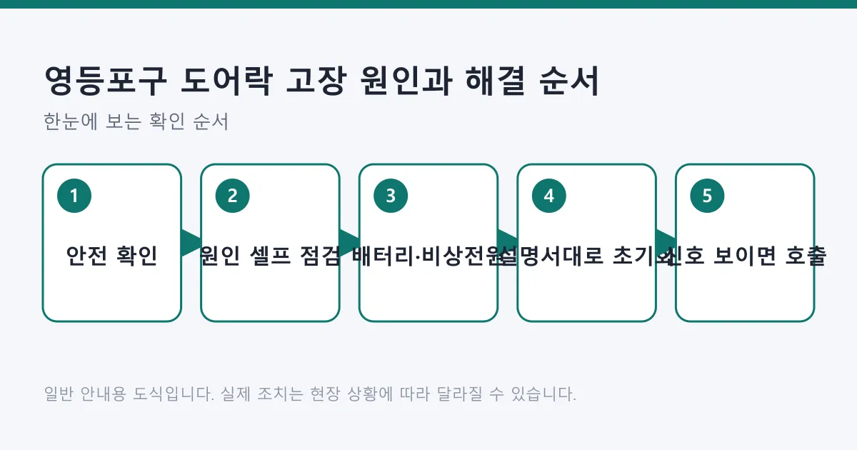 도어락 고장 시 안전 확인, 셀프 점검, 배터리와 비상 전원 조치, 설명서 기준 초기화, 전문가 호출 신호 확인 순서를 나타낸 도식