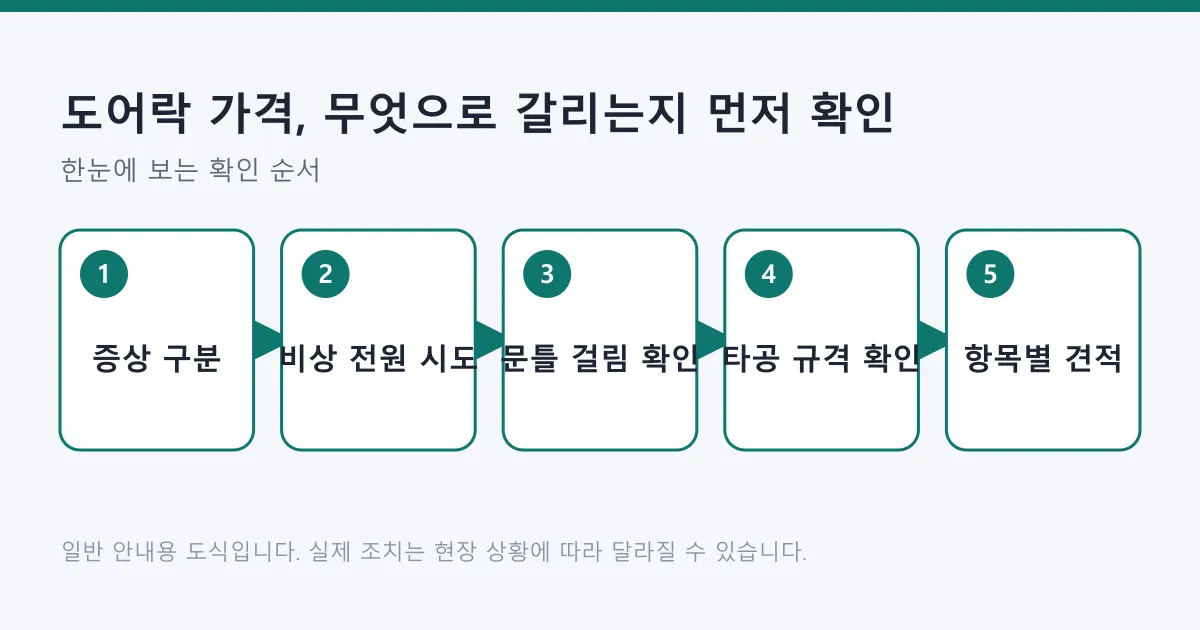 도어락 문제를 증상 구분, 비상 전원 시도, 문틀 걸림 확인, 타공 규격 확인, 항목별 견적 확인의 다섯 단계로 정리한 도식