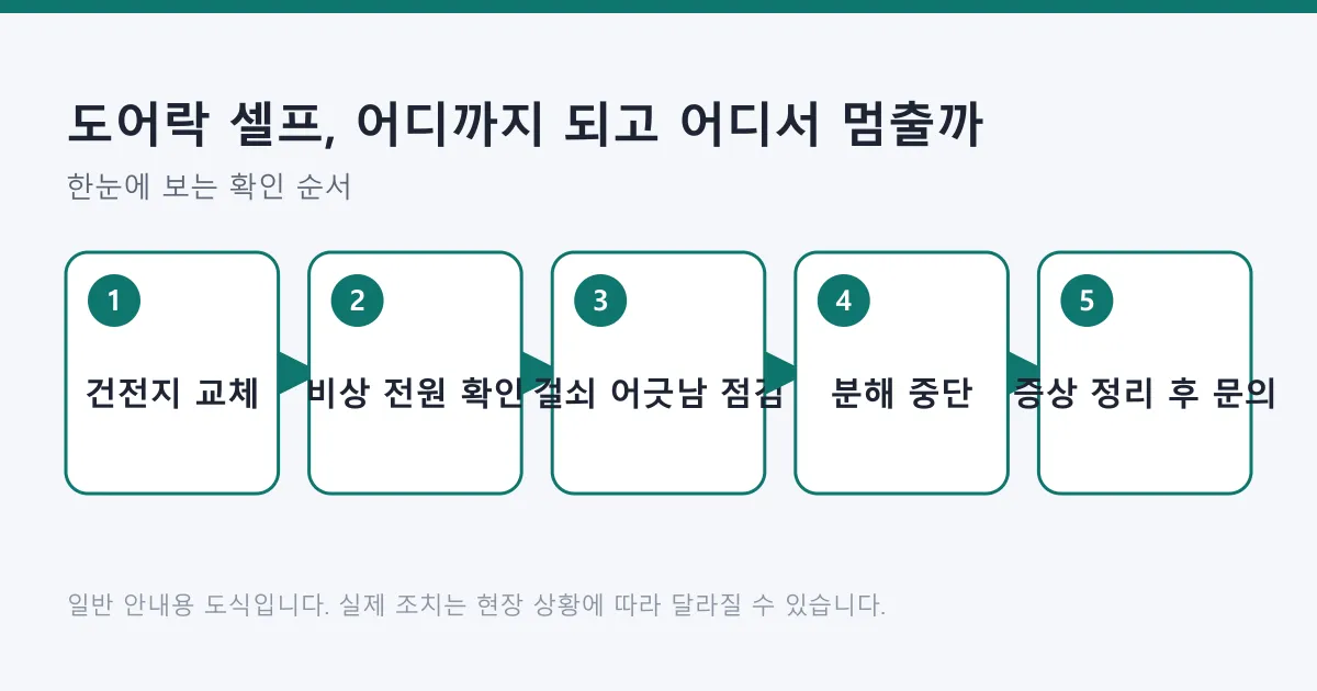 도어락 문제를 집에서 확인하는 순서를 건전지 교체부터 증상 정리까지 다섯 단계로 정리한 도식