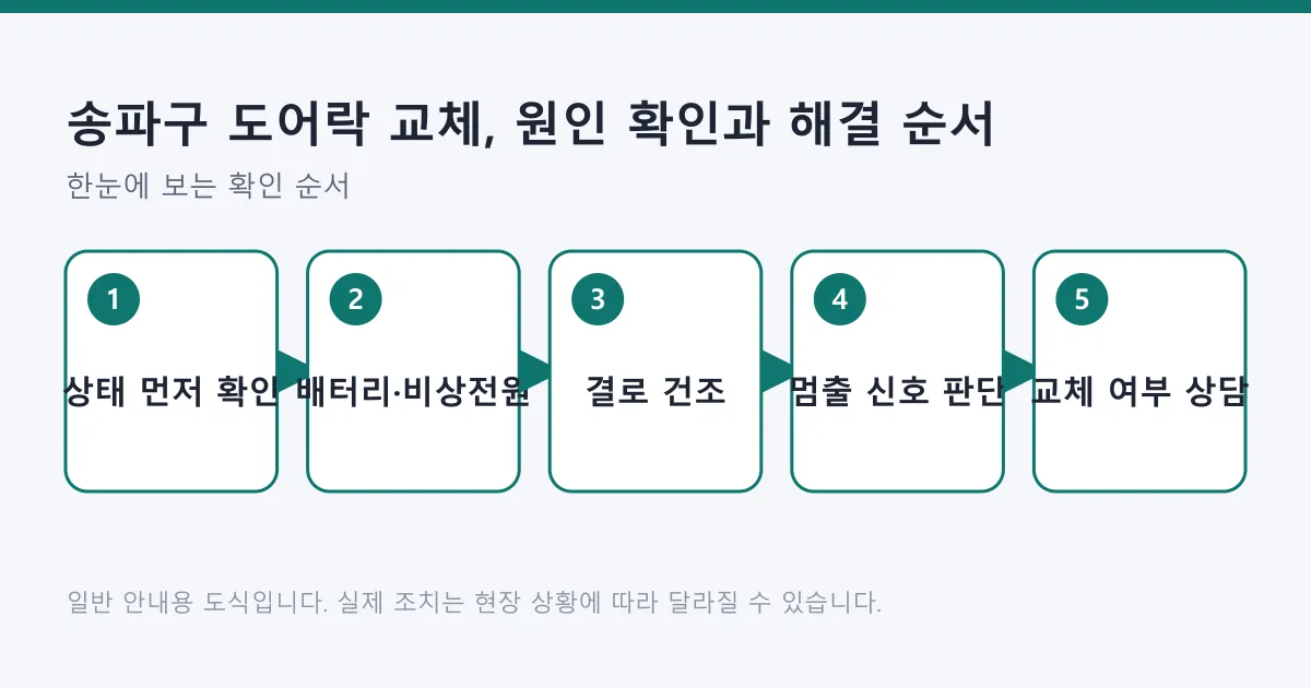 도어락이 작동하지 않을 때 상태 확인부터 배터리와 비상 전원 점검, 건조, 전문가 호출 판단까지 이어지는 순서를 보여 주는 도식