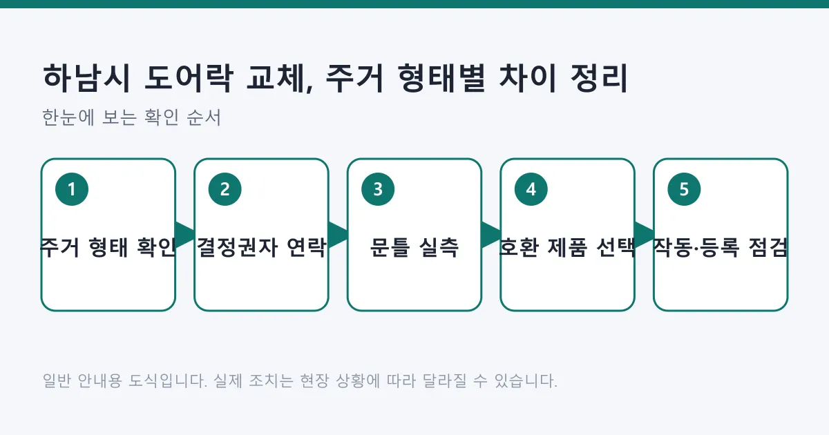 주거 형태 확인부터 결정권자 연락, 실측, 제품 선택, 작동 점검까지 도어락 교체 순서를 보여 주는 도식