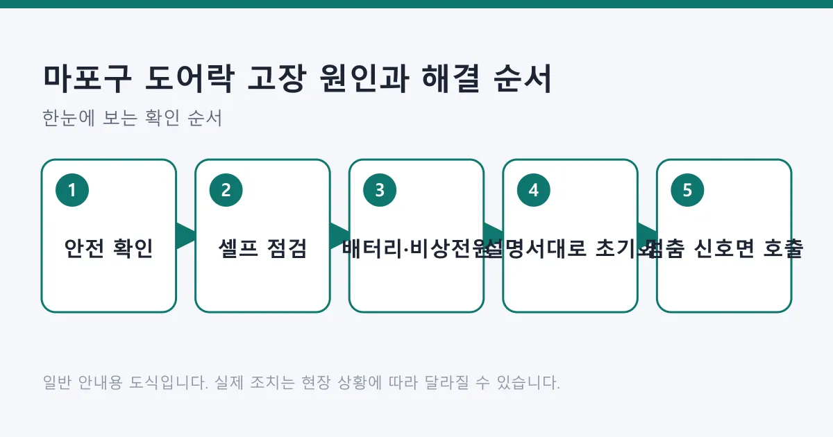 도어락 고장 시 안전 확인, 셀프 점검, 배터리와 비상 전원 조치, 설명서 기준 초기화, 멈춤 신호가 보이면 전문가 호출로 이어지는 5단계 순서도