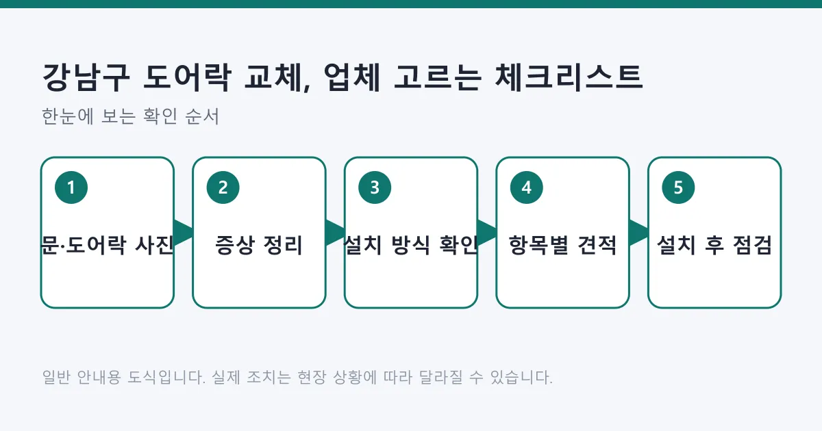 현관문과 도어락 사진 준비부터 증상 정리, 설치 방식 확인, 항목별 견적, 설치 후 점검까지 이어지는 5단계 도식