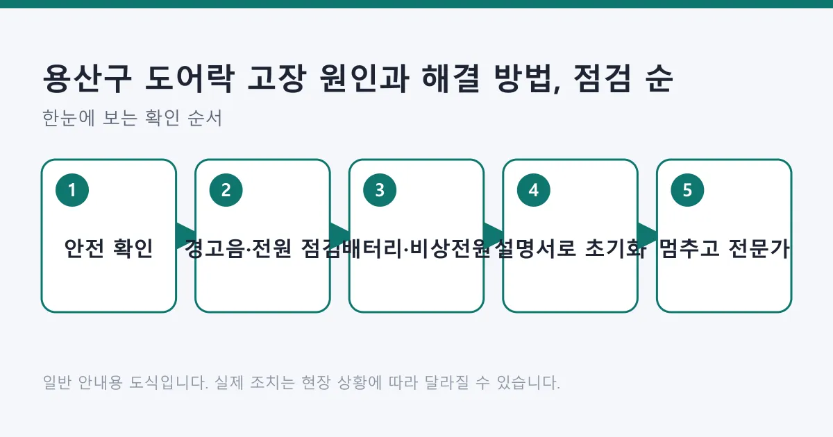 도어락 고장 시 안전 확인, 경고음과 전원 점검, 배터리 교체와 비상 전원, 설명서 기준 초기화, 전문가 호출 순서를 보여주는 도식