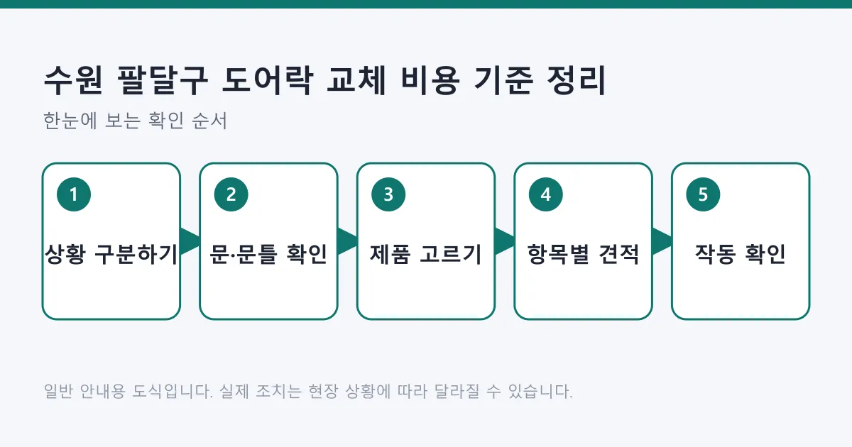 수원 팔달구에서 도어락을 교체할 때 상황 구분부터 작동 확인까지 다섯 단계를 정리한 도식.