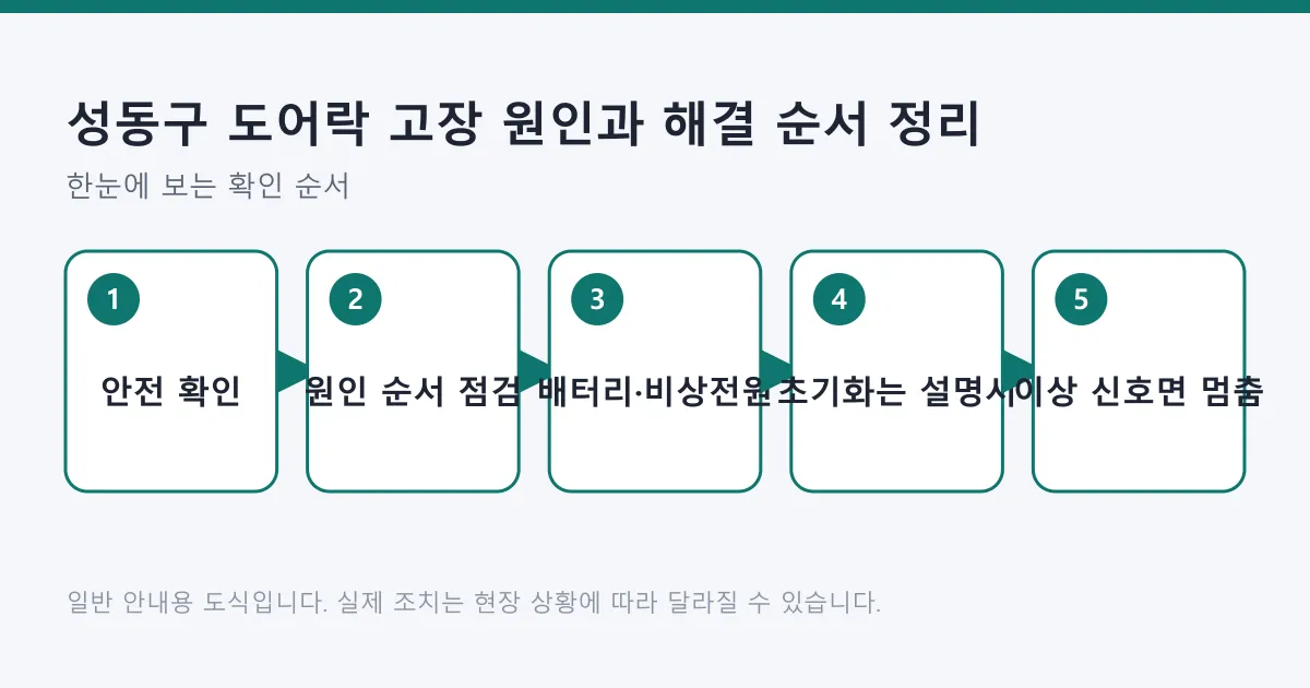 도어락 고장 시 안전 확인, 원인 점검, 배터리와 비상 전원 조치, 설명서 기준 초기화, 이상 신호 시 전문가 요청으로 이어지는 5단계 순서도