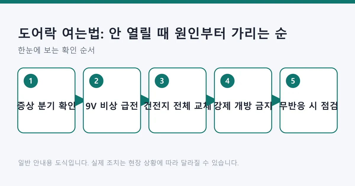 도어락이 열리지 않을 때 증상을 나누고 비상 급전과 건전지 교체를 거쳐 점검을 요청하는 순서를 나타낸 도식.