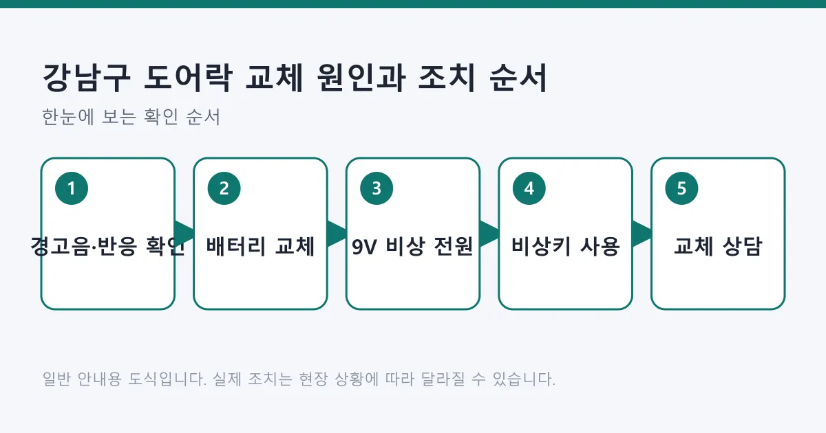 도어락 경고음 확인에서 배터리 교체, 9V 비상 전원, 기계식 비상키, 교체 상담으로 이어지는 점검 순서 도식