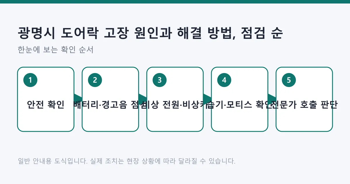 안전 확인부터 배터리 점검, 비상 전원과 비상키 사용, 습기와 모티스 확인, 전문가 호출 판단까지 도어락 고장 점검 순서를 나타낸 도식
