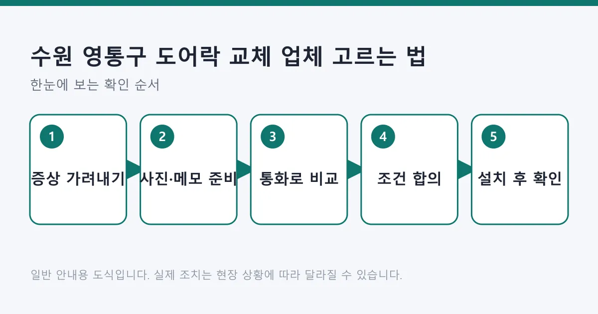 도어락 교체 업체 선택 과정을 증상 가려내기, 사진과 메모 준비, 통화 비교, 조건 합의, 설치 후 확인의 다섯 단계로 정리한 도식
