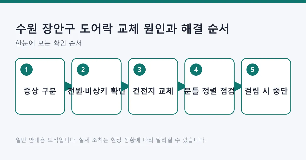도어락 문제를 증상 구분부터 전원 확인, 건전지 교체, 문틀 점검, 중단 신호까지 다섯 단계로 정리한 도식입니다.