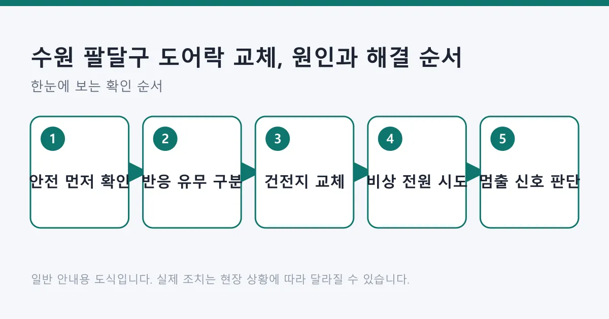 도어락 고장 시 안전 확인부터 반응 구분, 건전지 교체, 비상 전원 시도, 전문가 호출 판단까지의 다섯 단계를 보여 주는 도식