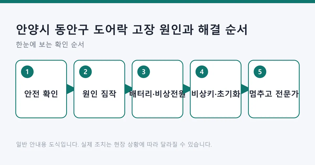 도어락 고장 시 안전 확인부터 원인 짐작, 배터리와 비상 전원 조치, 비상키와 초기화, 전문가 호출까지의 5단계 순서도