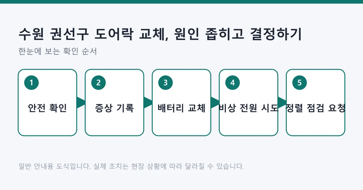 도어락 문제를 안전 확인, 증상 기록, 배터리 교체, 비상 전원 시도, 문 정렬 점검 요청 순서로 좁혀 가는 흐름도