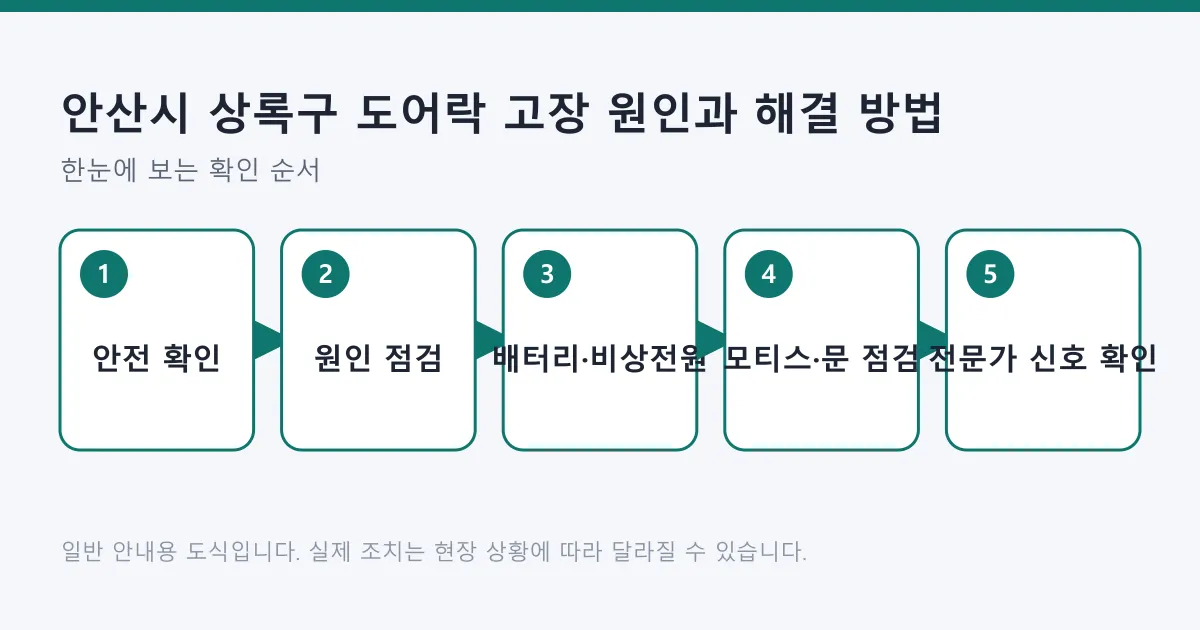 도어락 고장 시 안전 확인, 원인 점검, 배터리와 비상 전원 조치, 모티스와 문 상태 점검, 전문가 호출 신호 확인 순서를 보여 주는 도식
