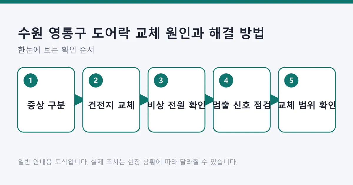 도어락 증상 구분부터 건전지 교체, 비상 전원 확인, 중단 신호 점검, 교체 범위 확인까지 다섯 단계를 보여 주는 도식