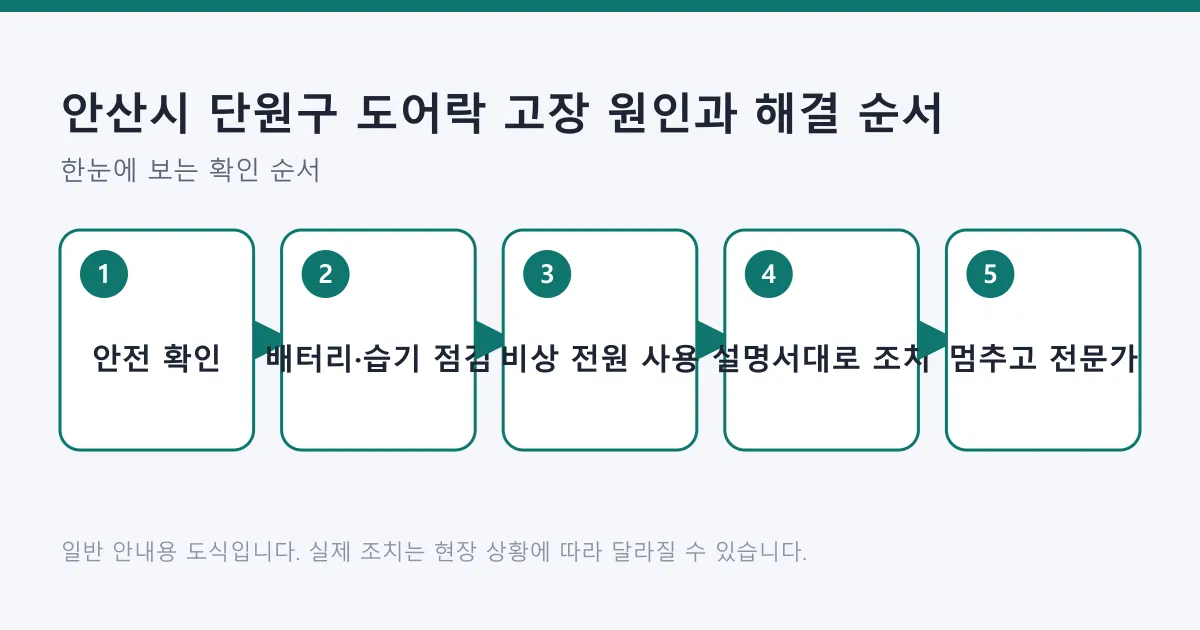 도어락 고장 시 안전 확인, 배터리와 습기 점검, 9V 비상 전원 사용, 설명서 기준 조치, 전문가 호출 신호 확인으로 이어지는 5단계 순서도