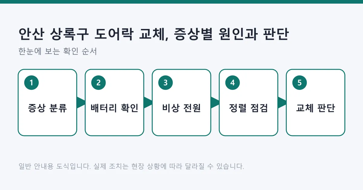 도어락 문제를 증상 분류에서 배터리 확인, 비상 전원, 문 정렬 점검, 교체 판단까지 정리한 도식