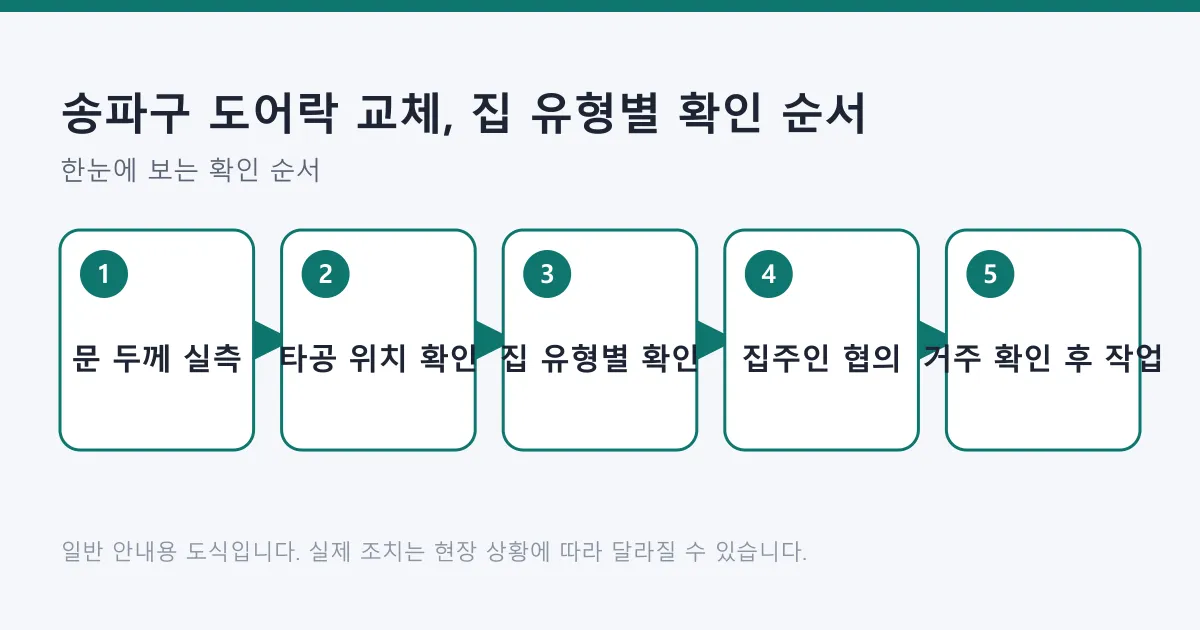 도어락 교체 전 문 두께 실측과 타공 위치 확인, 집 유형별 점검, 집주인 협의, 거주 확인 후 작업까지의 순서를 보여 주는 도식.