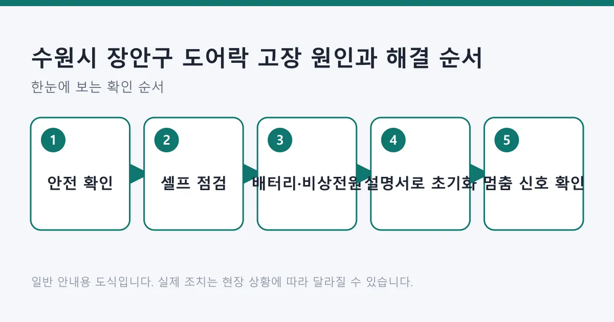 도어락 고장 시 안전 확인, 셀프 점검, 배터리와 비상 전원 조치, 설명서 기준 초기화, 전문가 호출 신호 확인 순서를 보여 주는 도식