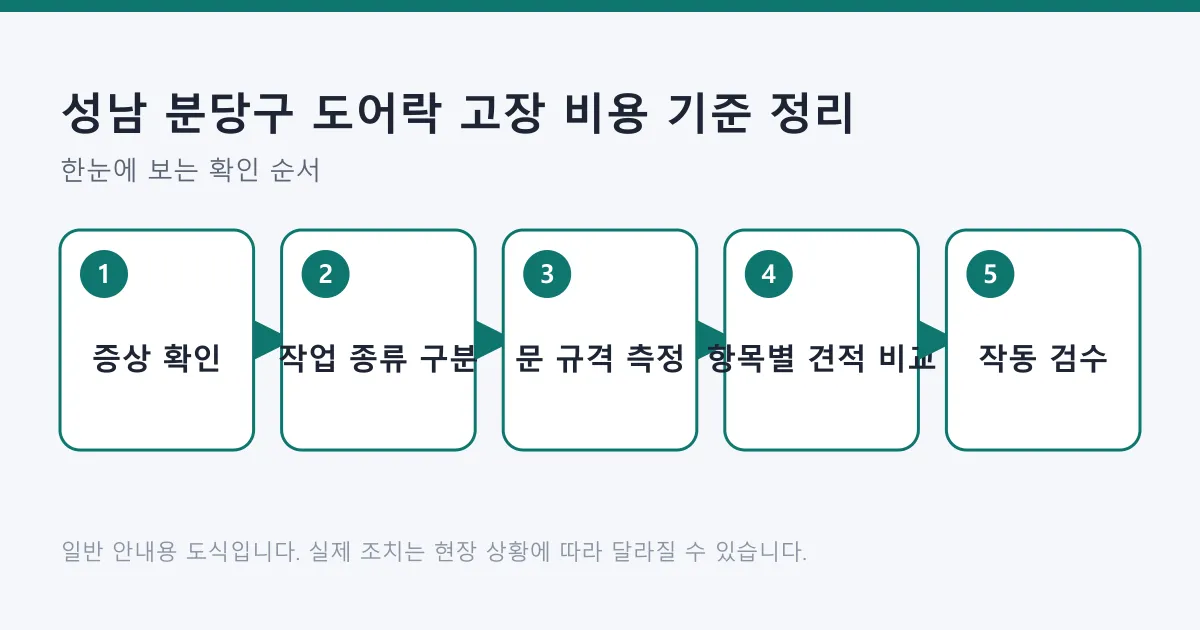 도어락 문제를 증상 확인에서 작업 종류 구분, 문 규격 측정, 항목별 견적 비교, 작동 검수까지 다섯 단계로 정리한 흐름도.