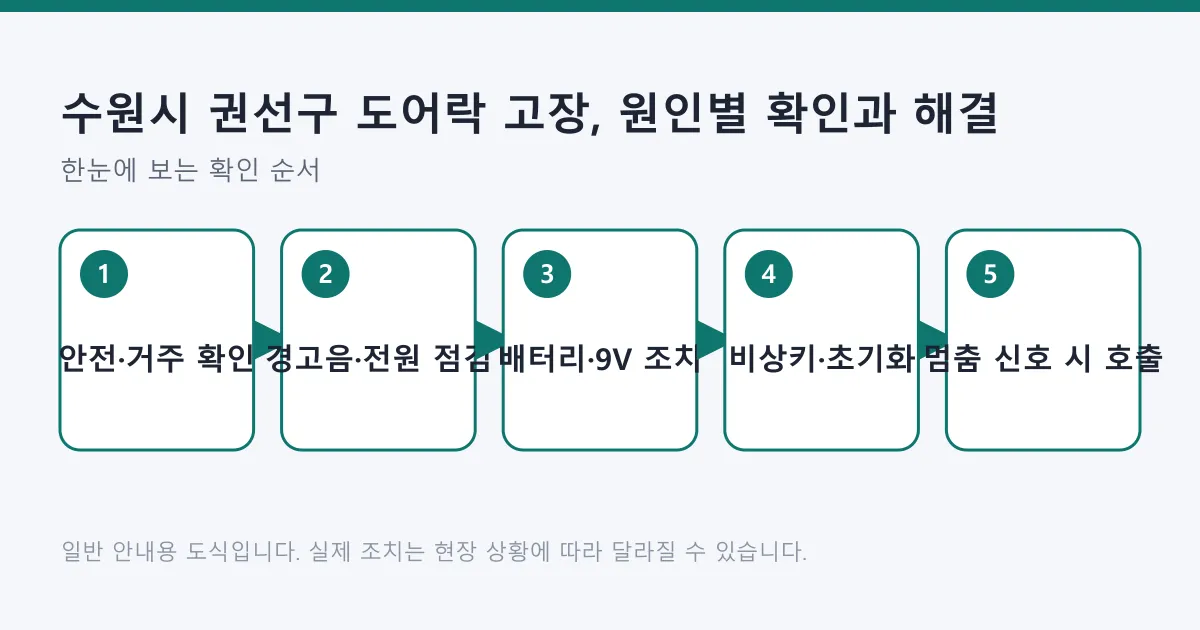 도어락 고장 시 안전 확인부터 전원 점검, 배터리와 9V 비상 전원 조치, 비상키와 초기화, 전문가 호출까지 다섯 단계 순서를 보여 주는 도식