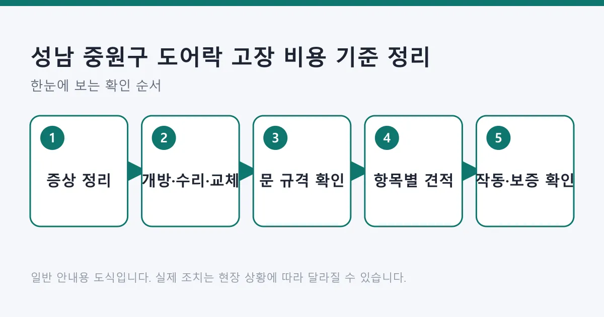 도어락 비용을 증상 정리부터 항목별 견적과 작동 확인까지 다섯 단계로 정리한 도식