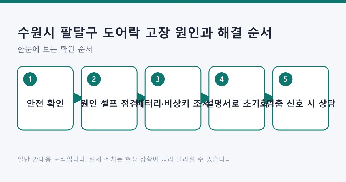 도어락 고장 시 안전 확인, 원인 셀프 점검, 배터리와 비상키 조치, 설명서 기준 초기화, 멈춤 신호가 보이면 전문가 상담으로 이어지는 5단계 흐름도