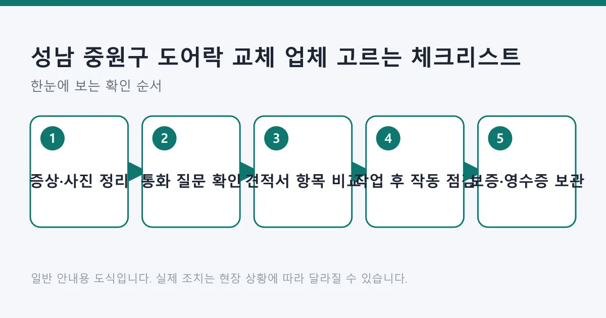 도어락 교체 업체를 고를 때 증상 정리부터 보증 서류 보관까지의 다섯 단계를 보여 주는 도식