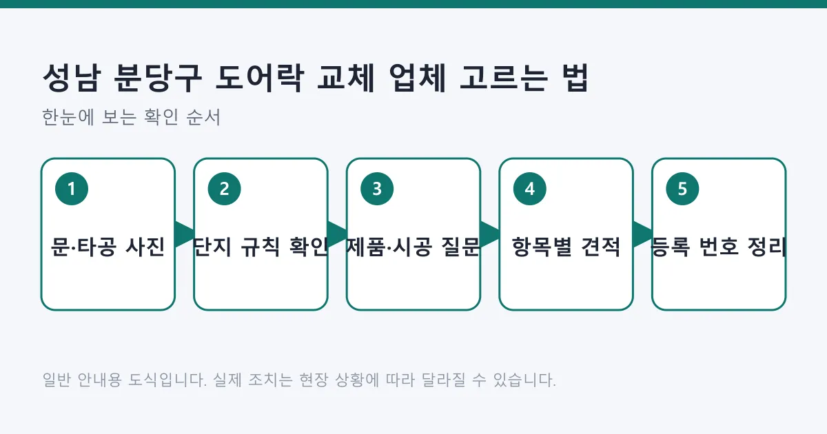 도어락 교체 업체를 고를 때 문 사진 준비부터 설치 후 등록 번호 정리까지 확인할 순서를 다섯 단계로 나타낸 도식